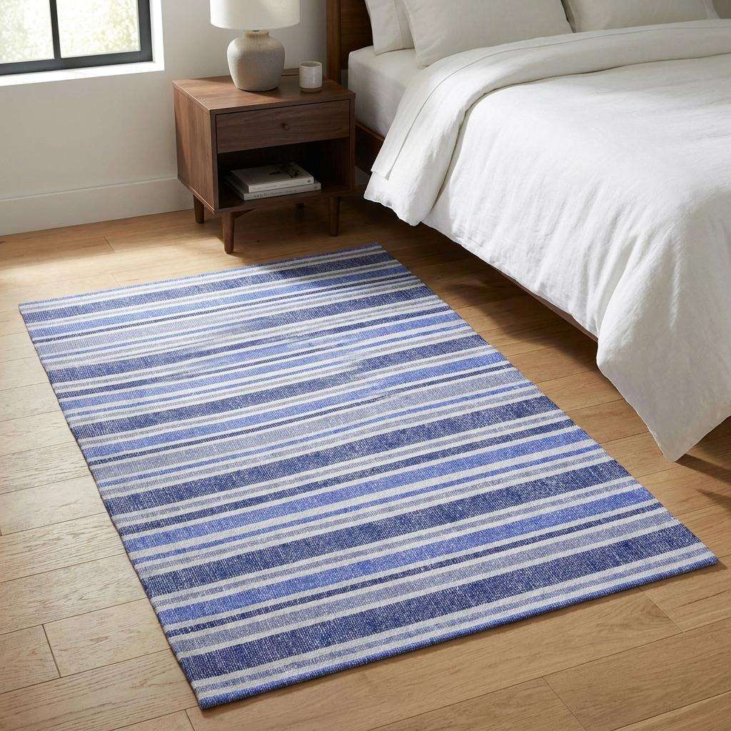 3' X 5' Blue And Ivory Striped Shag Washable Area Rug With UV Protection