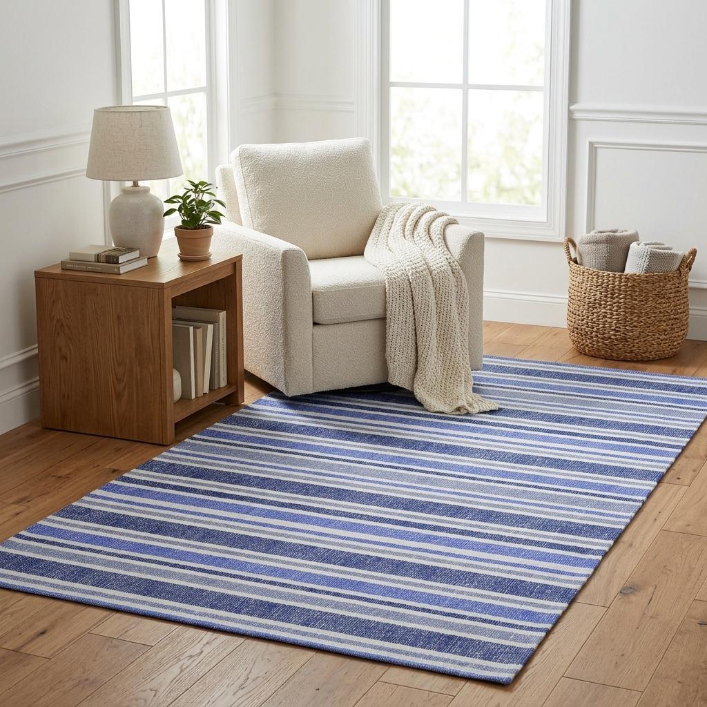 5' X 8' Blue And Ivory Striped Shag Washable Area Rug With UV Protection - HomeRoots - Flyclothing LLC