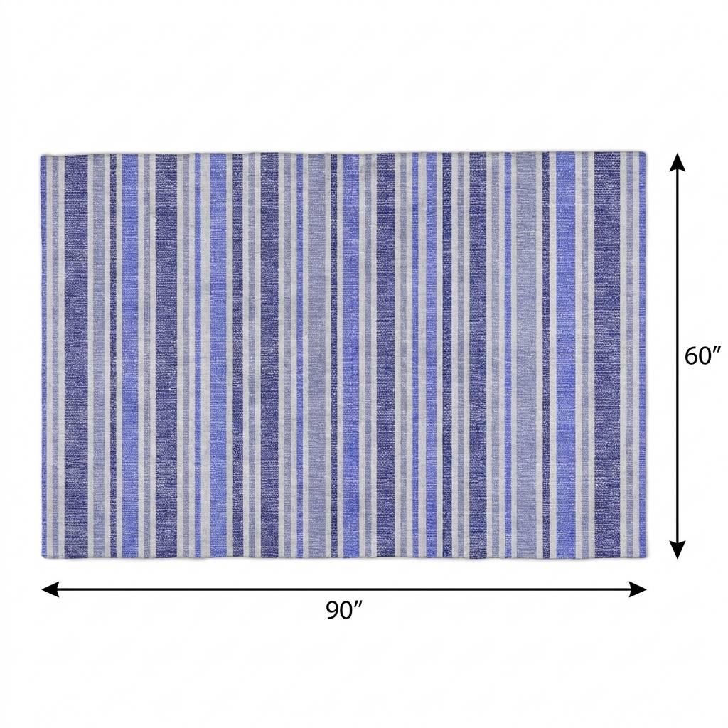 5' X 8' Blue And Ivory Striped Shag Washable Area Rug With UV Protection - HomeRoots - Flyclothing LLC