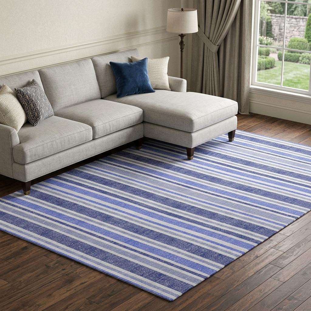 9' X 12' Blue And Ivory Striped Shag Washable Area Rug With UV Protection - HomeRoots - Flyclothing LLC