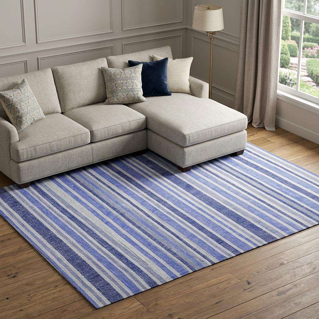 10' X 14' Blue And Ivory Striped Shag Washable Area Rug With UV Protection - HomeRoots - Flyclothing LLC