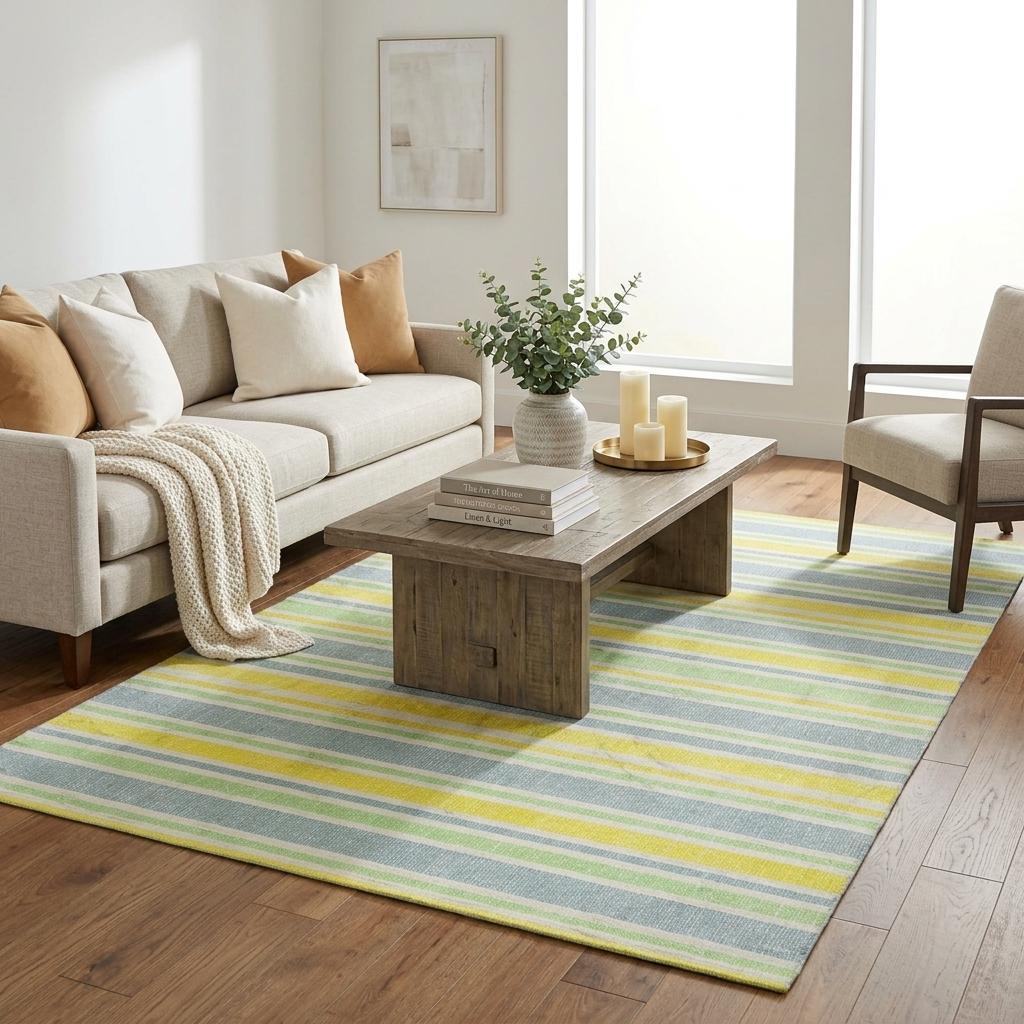 5' X 8' Denim Blue And Yellow Striped Shag Washable Area Rug With UV Protection - HomeRoots - Flyclothing LLC