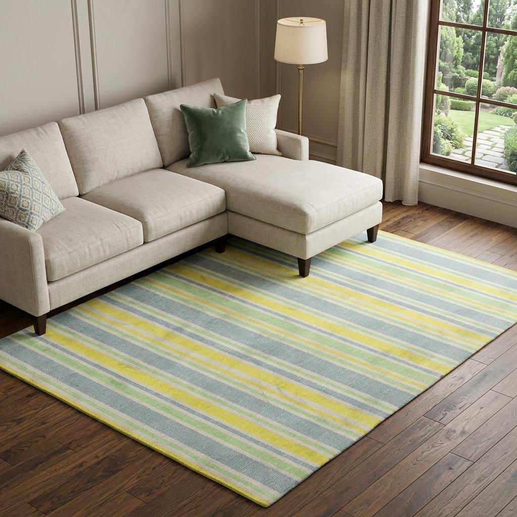 8' X 10' Denim Blue And Yellow Striped Shag Washable Area Rug With UV Protection - HomeRoots - Flyclothing LLC