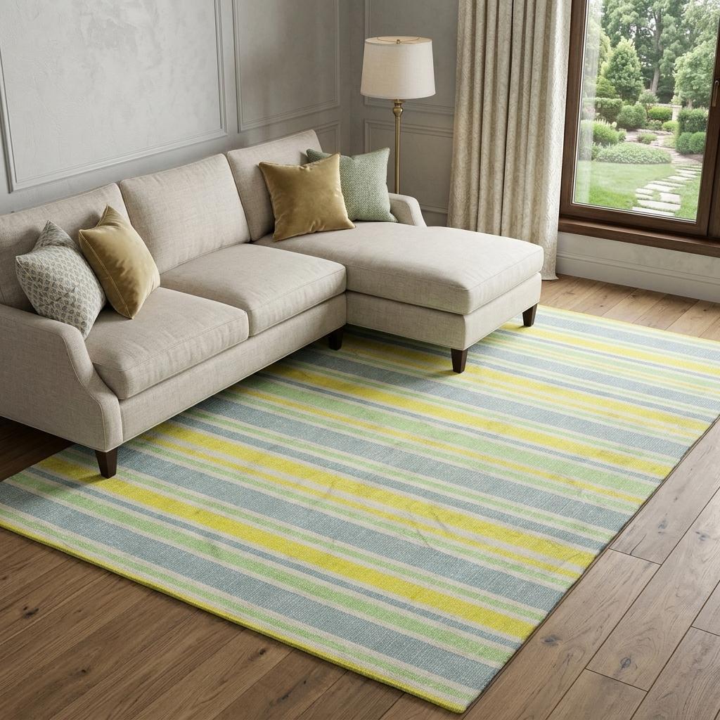9' X 12' Denim Blue And Yellow Striped Shag Washable Area Rug With UV Protection