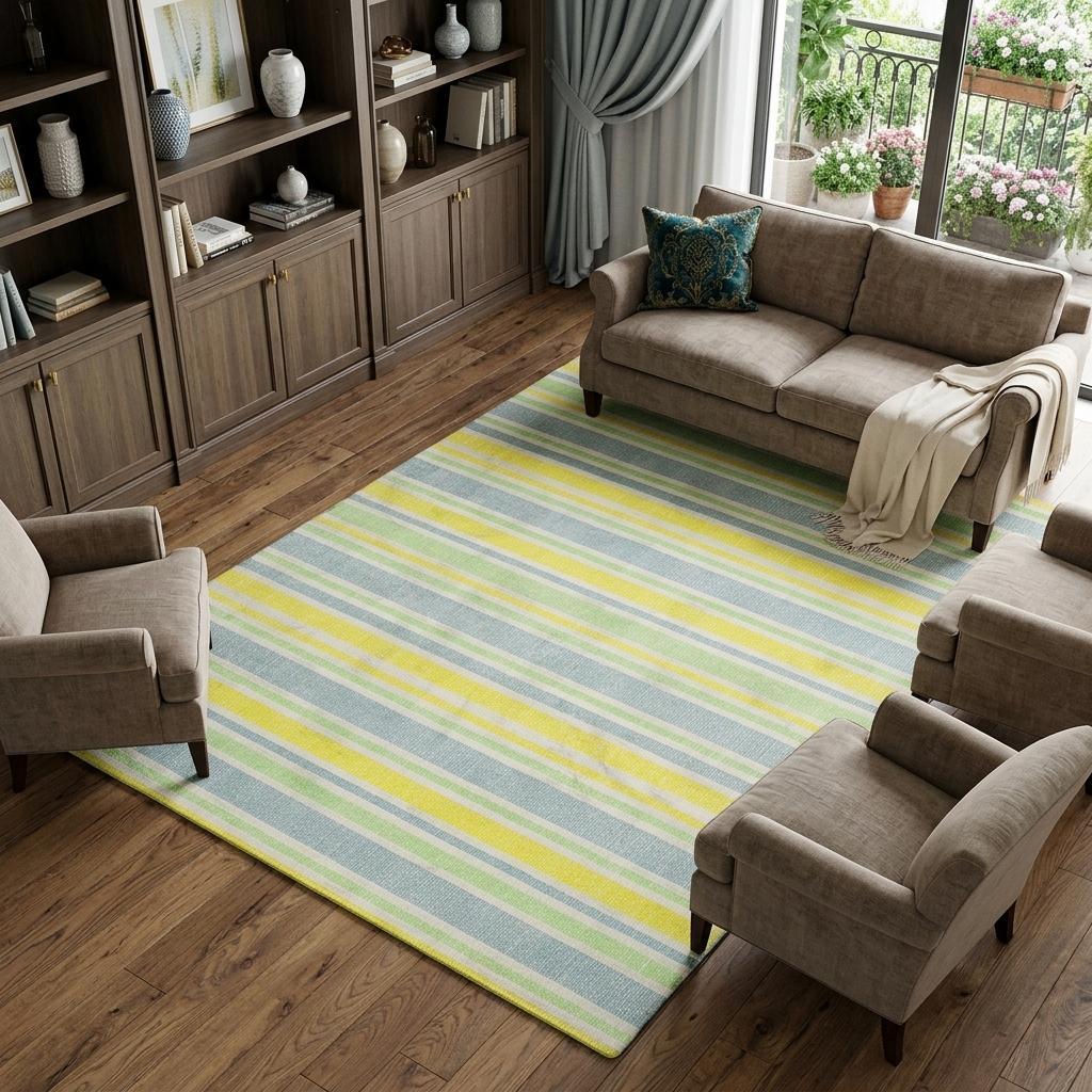 10' X 14' Denim Blue And Yellow Striped Shag Washable Area Rug With UV Protection