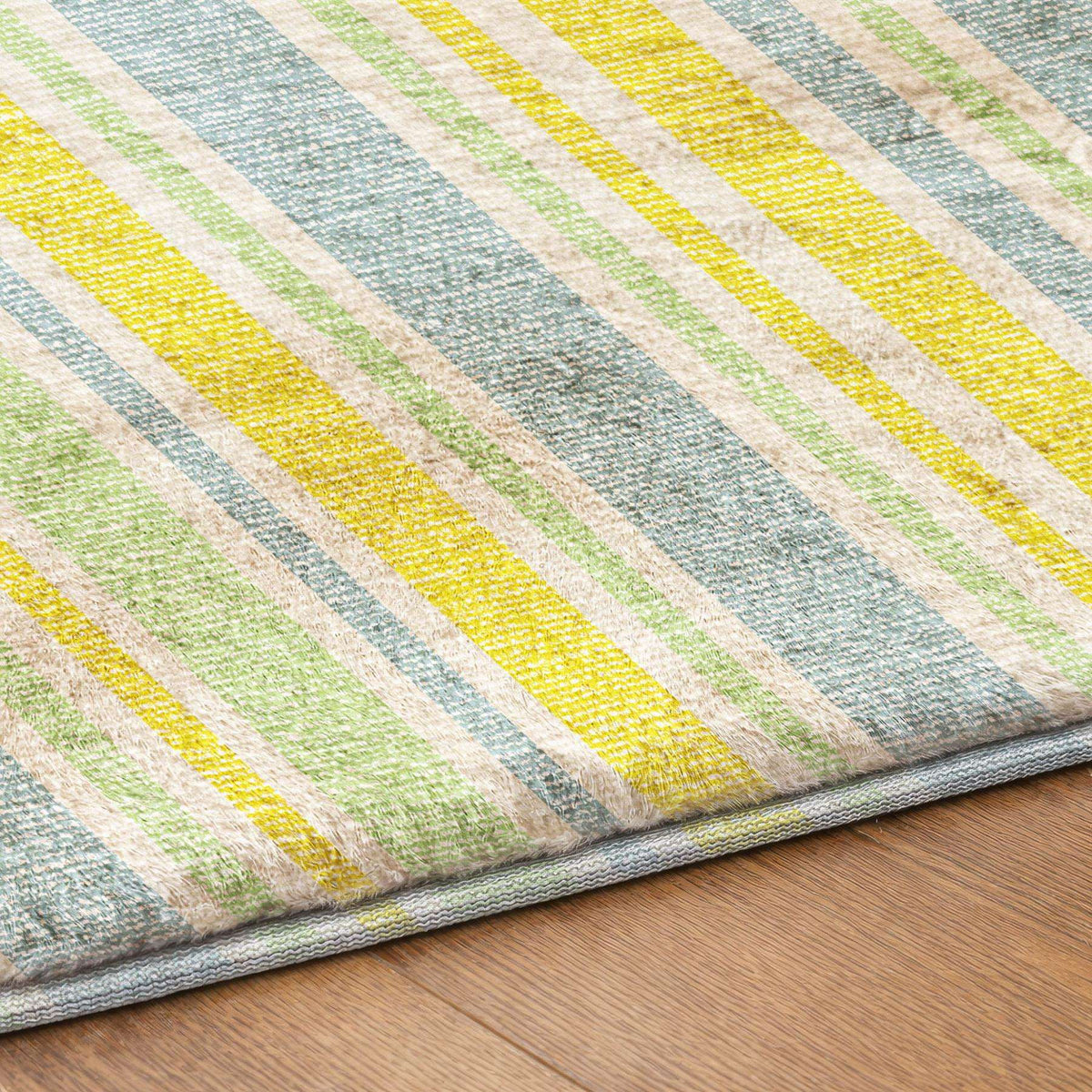 10' X 14' Denim Blue And Yellow Striped Shag Washable Area Rug With UV Protection