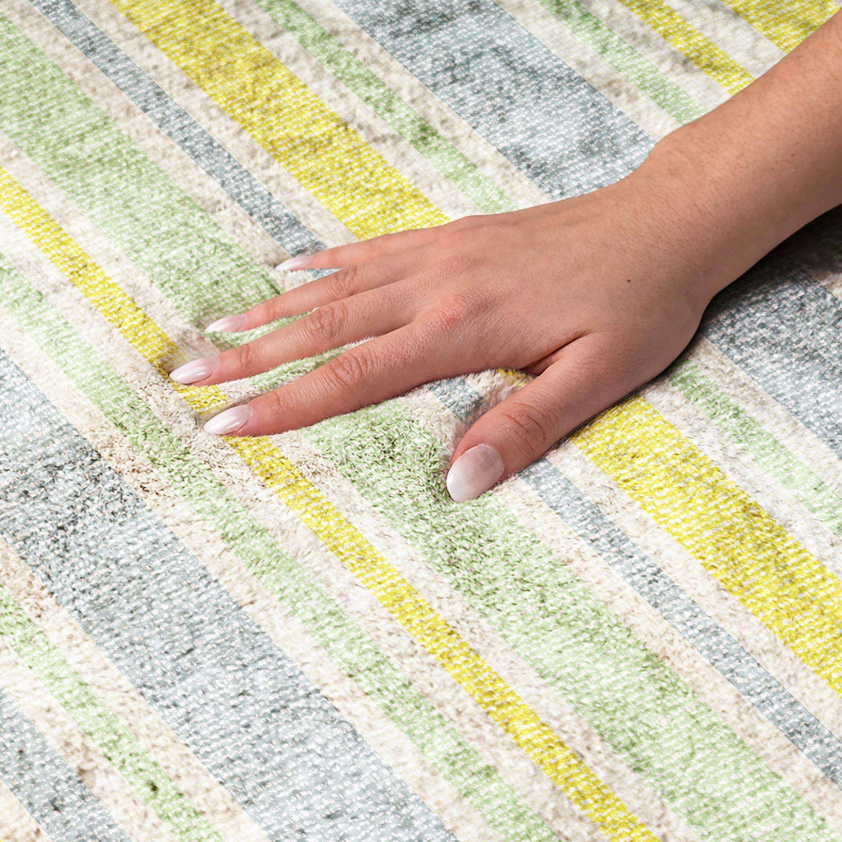 10' X 14' Denim Blue And Yellow Striped Shag Washable Area Rug With UV Protection