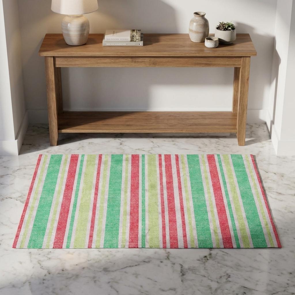3' X 5' Green And Fern Green Striped Shag Washable Area Rug With UV Protection
