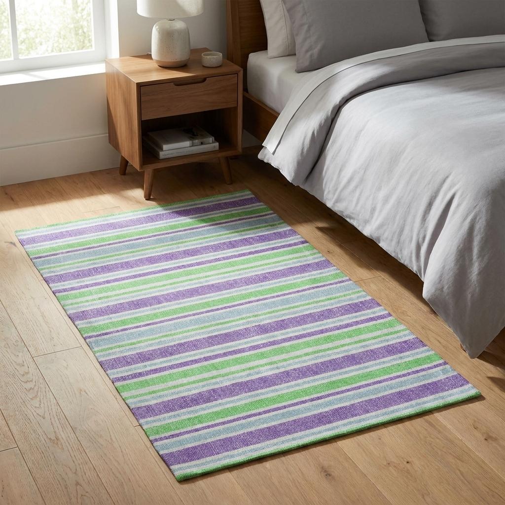 3' X 5' Lime Green And Purple Striped Shag Washable Area Rug With UV Protection - HomeRoots - Flyclothing LLC
