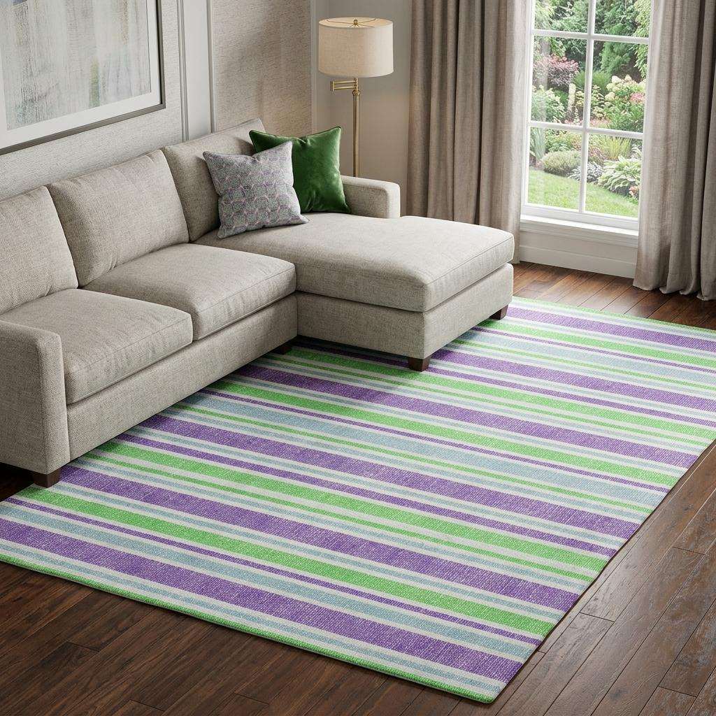 9' X 12' Lime Green And Purple Striped Shag Washable Area Rug With UV Protection - HomeRoots - Flyclothing LLC