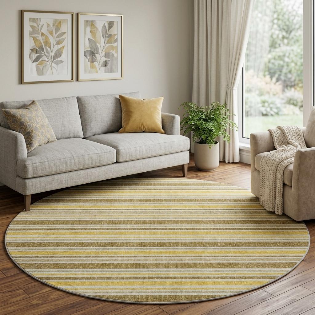 8' Brown And Gold Striped Shag Washable Round Rug With UV Protection - HomeRoots - Flyclothing LLC