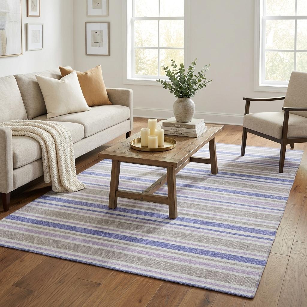 5' X 8' Navy Blue And Taupe Striped Shag Washable Area Rug With UV Protection - HomeRoots - Flyclothing LLC