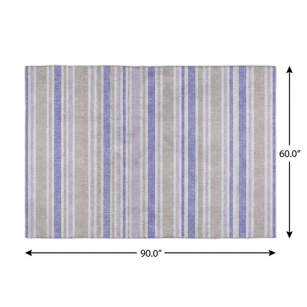 5' X 8' Navy Blue And Taupe Striped Shag Washable Area Rug With UV Protection - HomeRoots - Flyclothing LLC