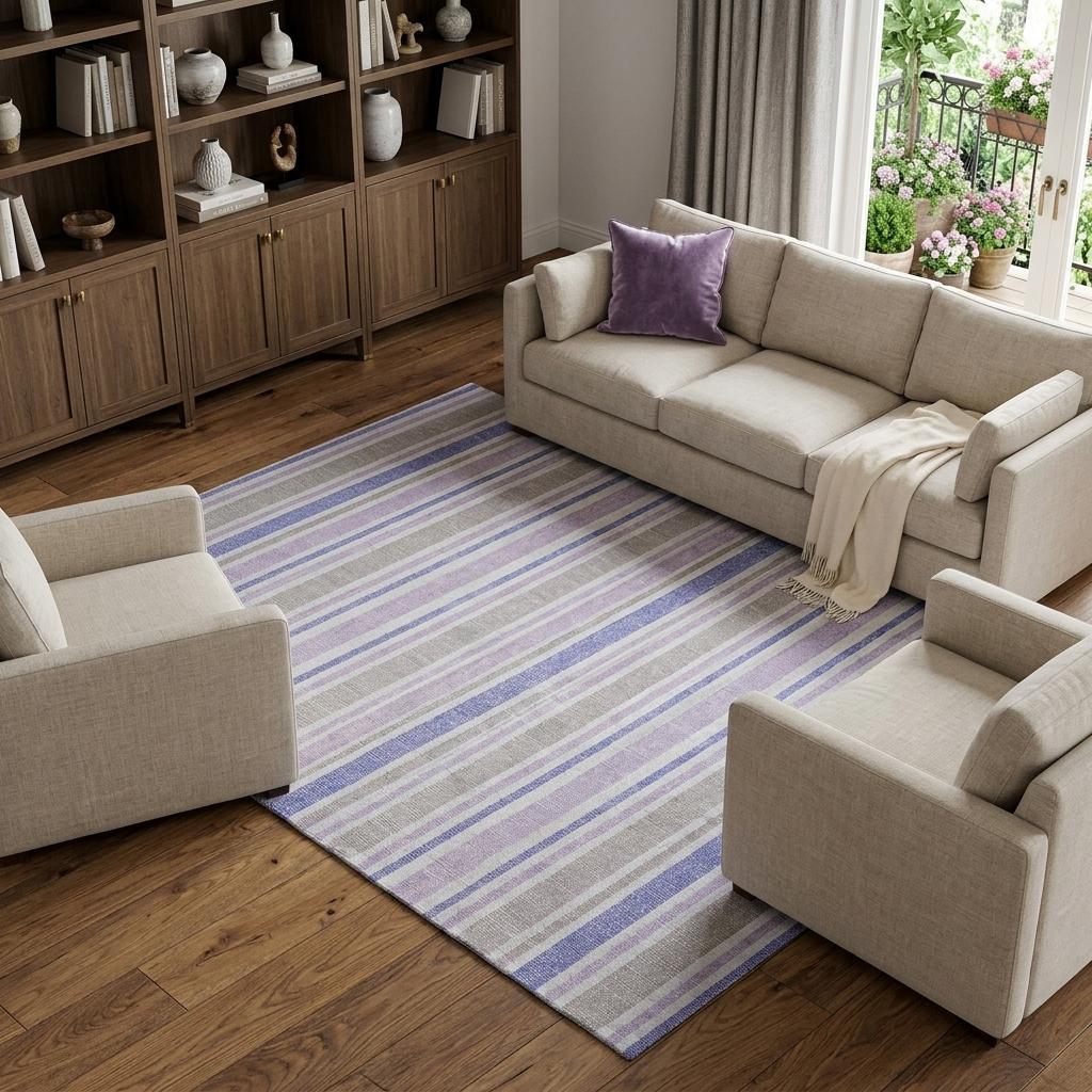 8' X 10' Navy Blue And Taupe Striped Shag Washable Area Rug With UV Protection - HomeRoots - Flyclothing LLC