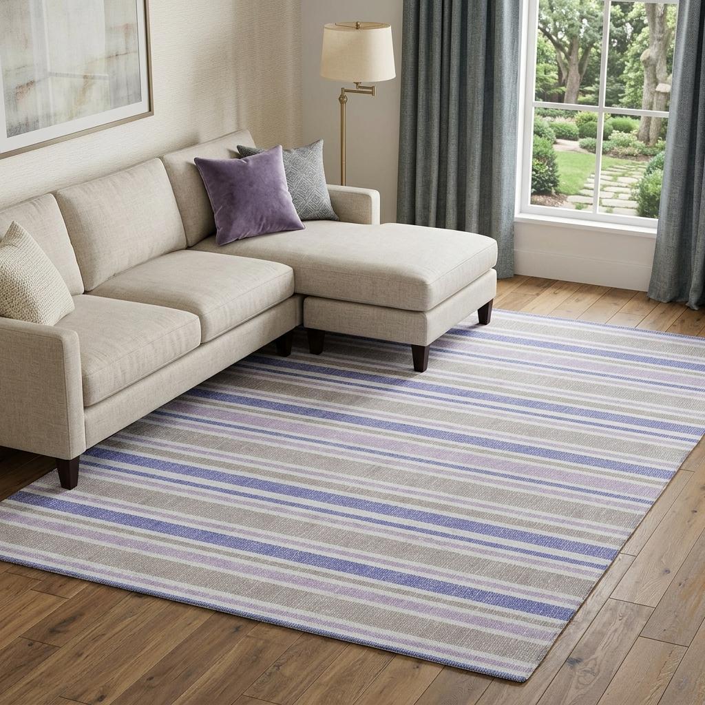 9' X 12' Navy Blue And Taupe Striped Shag Washable Area Rug With UV Protection - HomeRoots - Flyclothing LLC