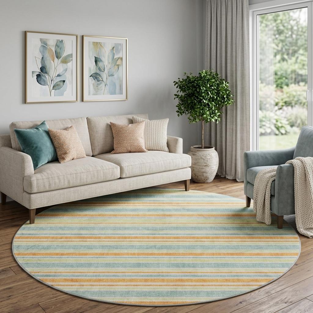8' Orange And Green Striped Shag Washable Round Rug With UV Protection - HomeRoots - Flyclothing LLC