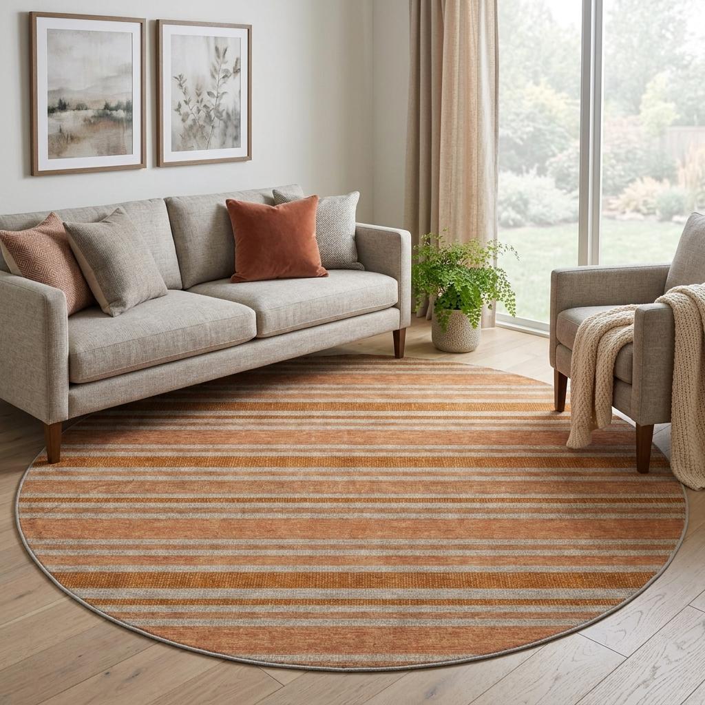 8' Orange And Terra Cotta Striped Shag Washable Round Rug With UV Protection - HomeRoots - Flyclothing LLC