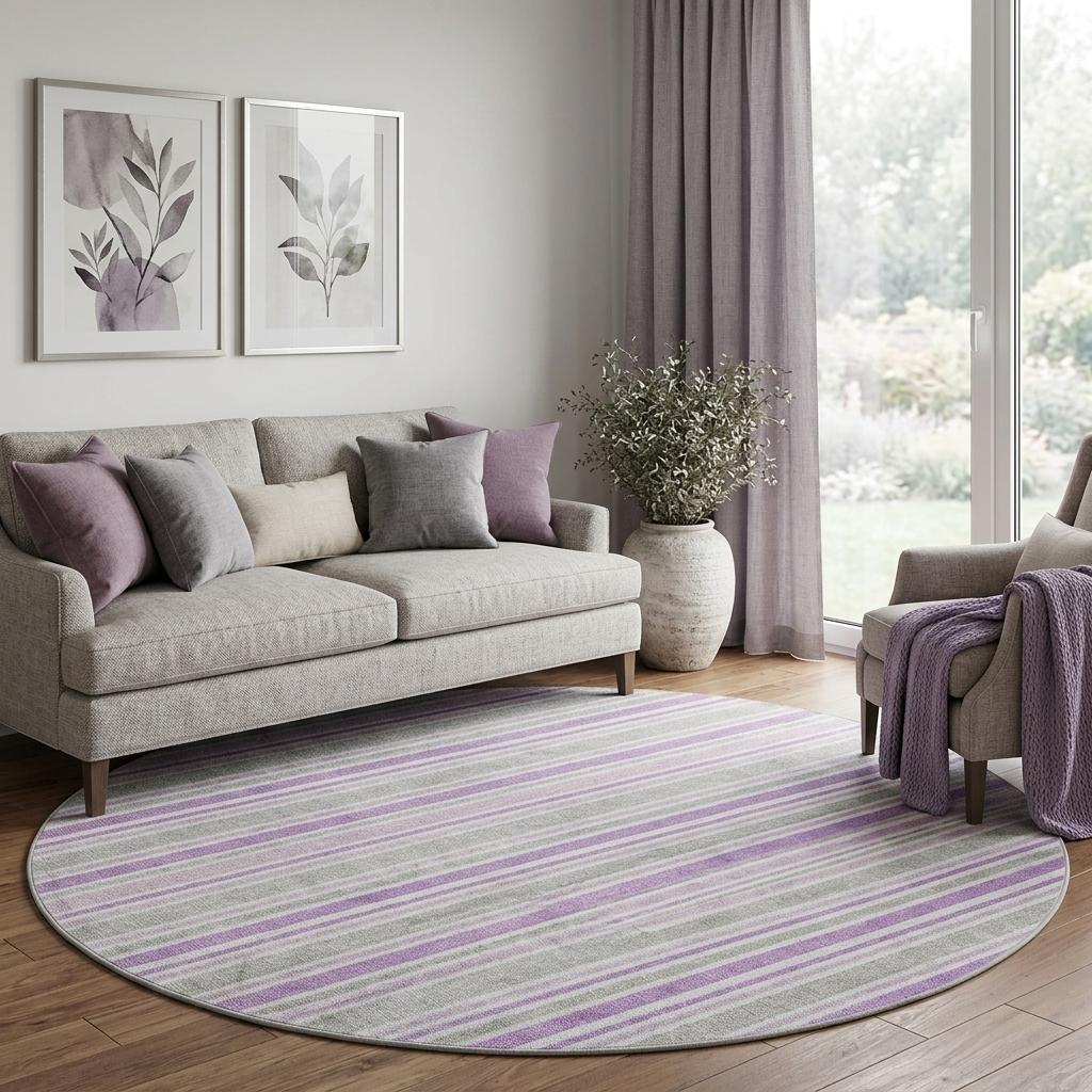 8' Pearl And Purple Striped Shag Washable Round Rug With UV Protection - HomeRoots - Flyclothing LLC