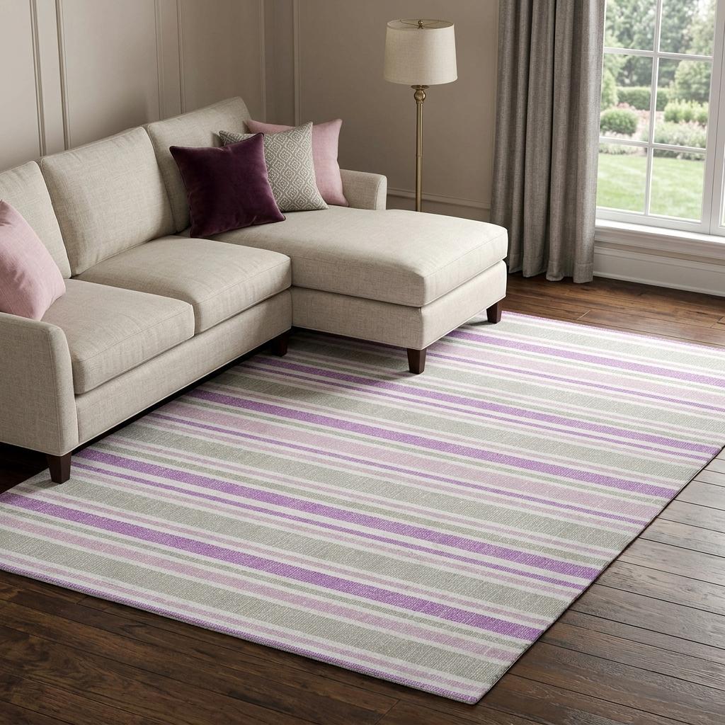 9' X 12' Pearl And Purple Striped Shag Washable Area Rug With UV Protection - HomeRoots - Flyclothing LLC