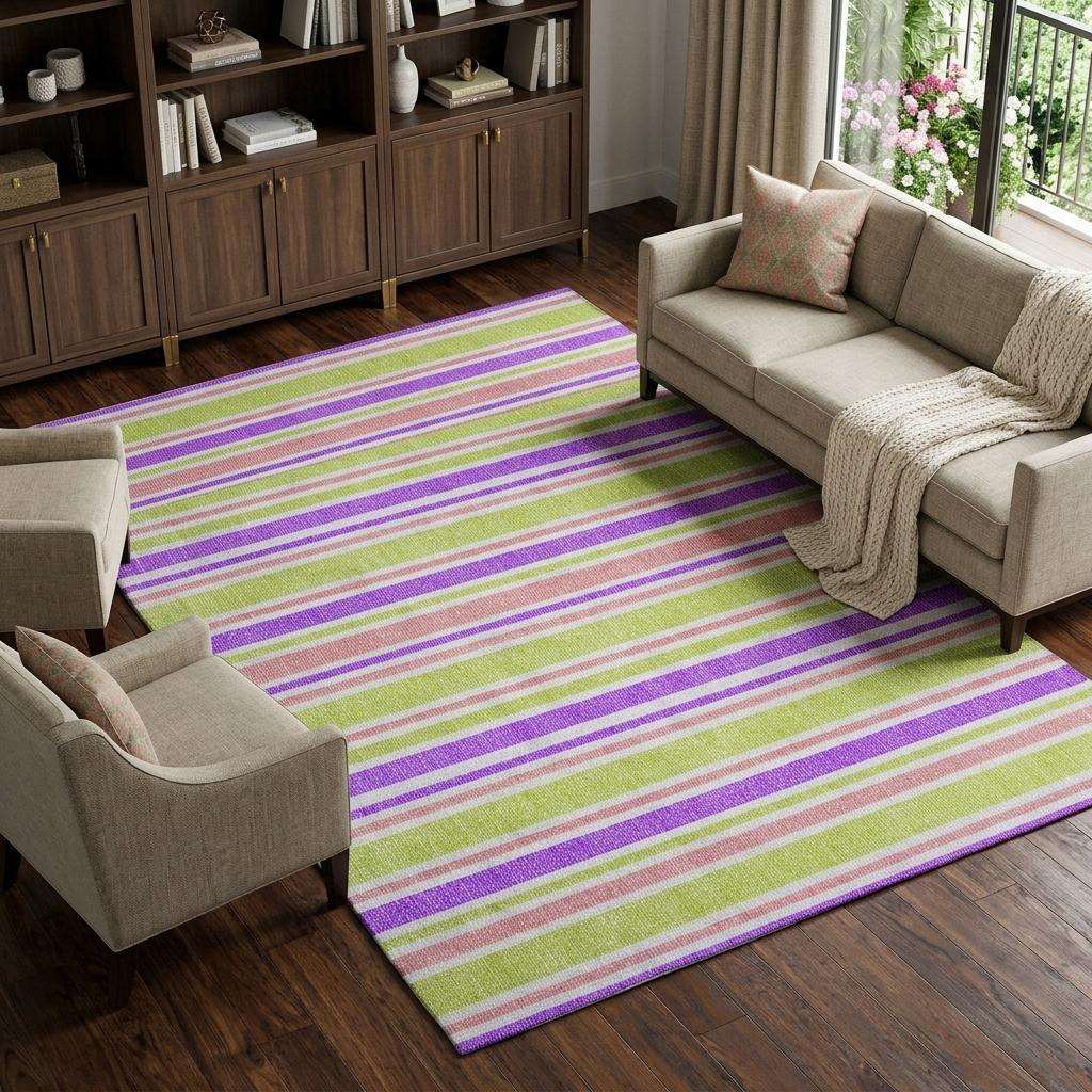 9' X 12' Purple And Blush Striped Shag Washable Area Rug With UV Protection - HomeRoots - Flyclothing LLC