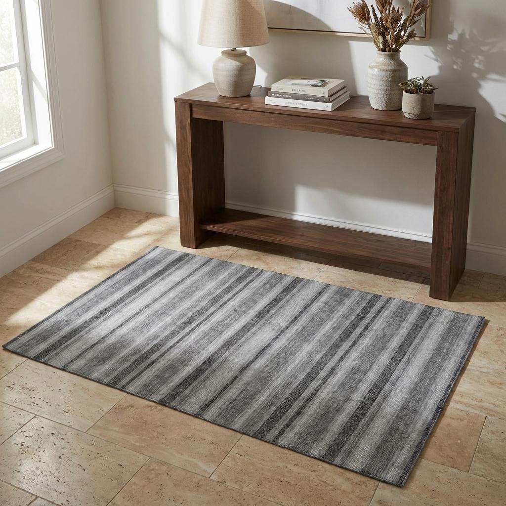 3' X 5' Silver And Gray Striped Shag Washable Area Rug With UV Protection - HomeRoots - Flyclothing LLC