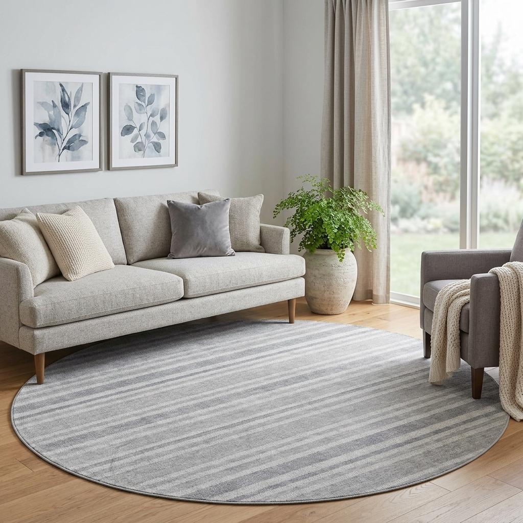 8' Silver And Gray Striped Shag Washable Round Rug With UV Protection - HomeRoots - Flyclothing LLC