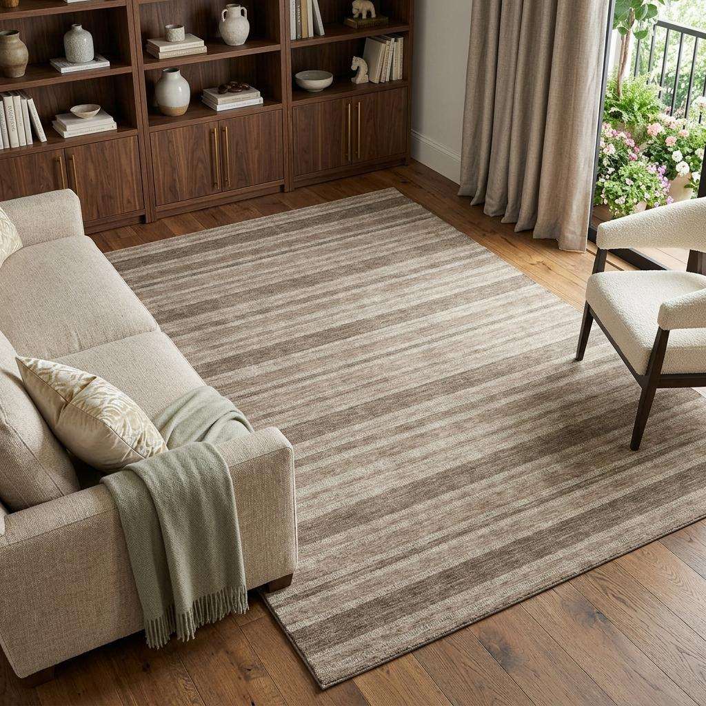 9' X 12' Taupe And Brown Striped Shag Washable Area Rug With UV Protection - HomeRoots - Flyclothing LLC
