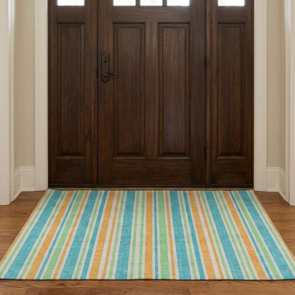 3' X 5' Teal And Orange Striped Shag Washable Area Rug With UV Protection - HomeRoots - Flyclothing LLC