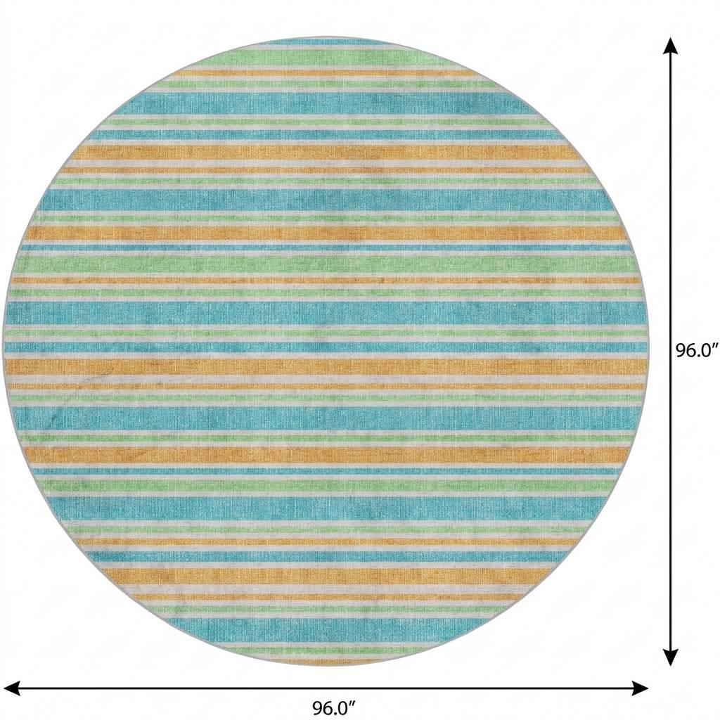 8' Teal And Orange Striped Shag Washable Round Rug With UV Protection - HomeRoots - Flyclothing LLC