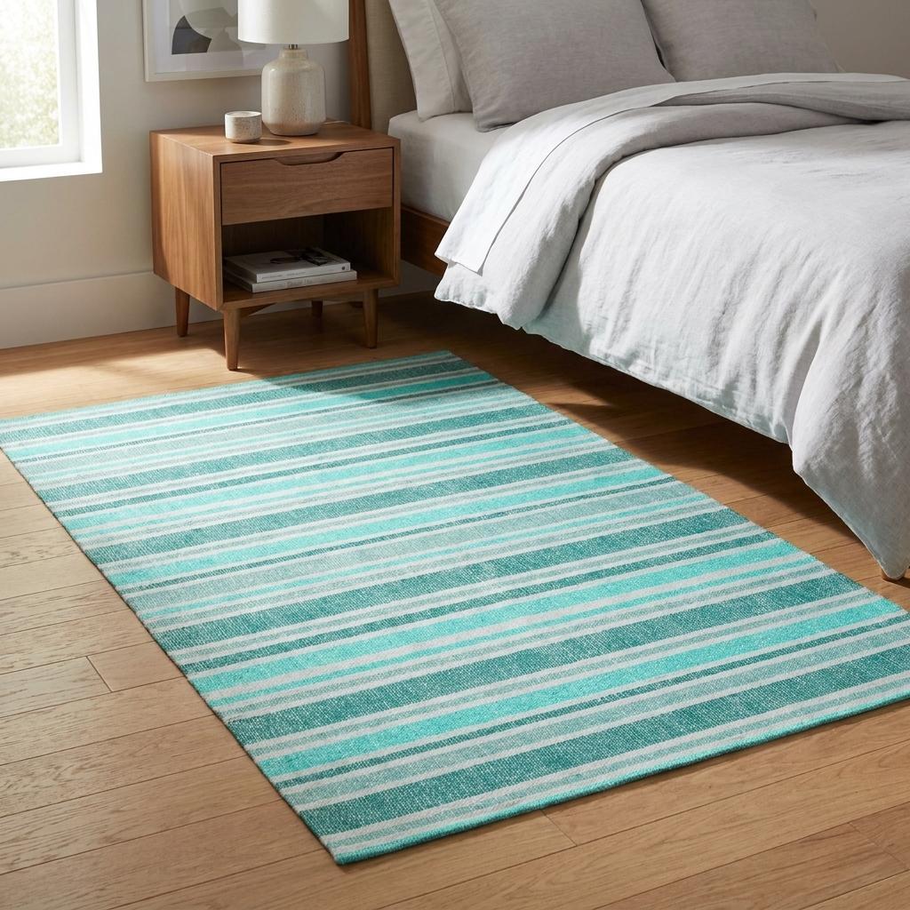 3' X 5' Turquoise And Teal Striped Shag Washable Area Rug With UV Protection - HomeRoots - Flyclothing LLC