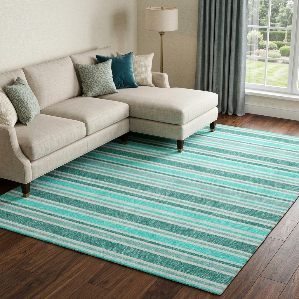 10' X 14' Turquoise And Teal Striped Shag Washable Area Rug With UV Protection - HomeRoots - Flyclothing LLC
