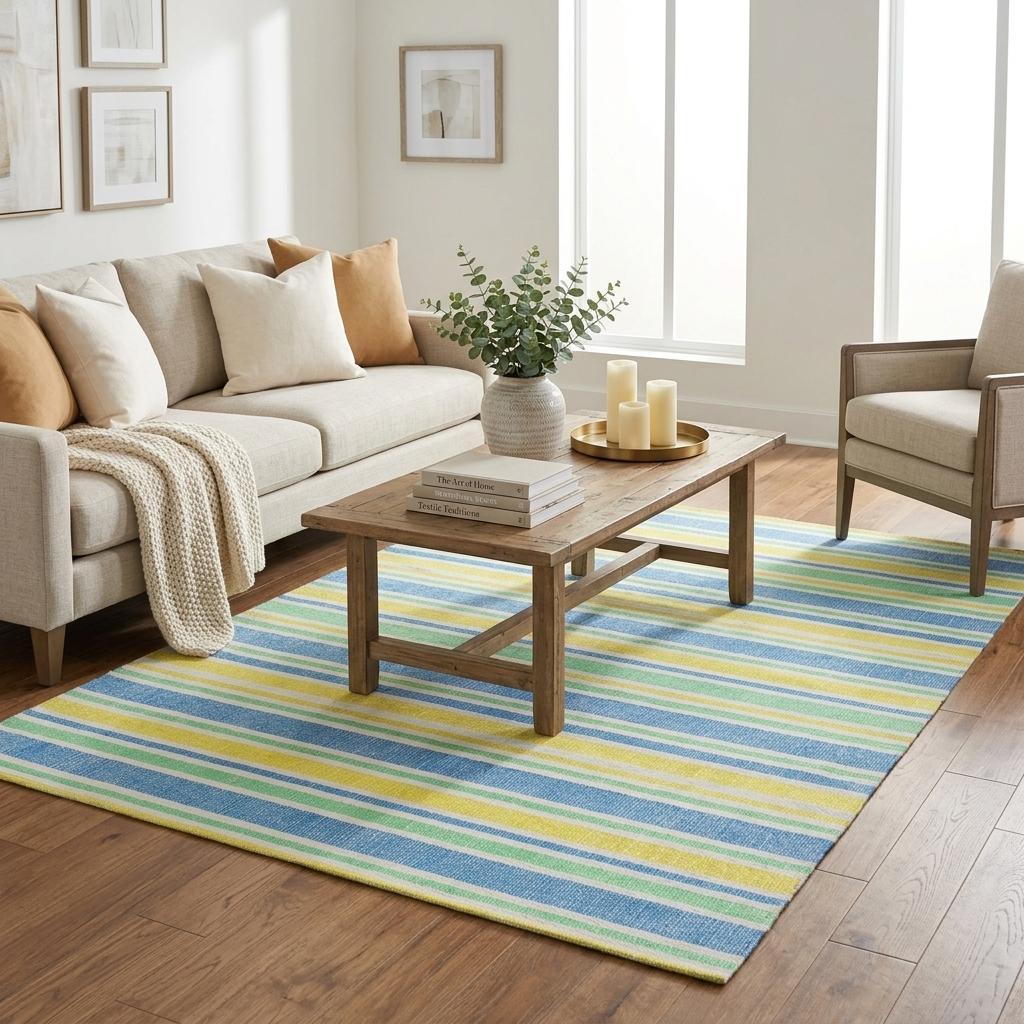 5' X 8' Yellow And Blue Striped Shag Washable Area Rug With UV Protection - HomeRoots - Flyclothing LLC