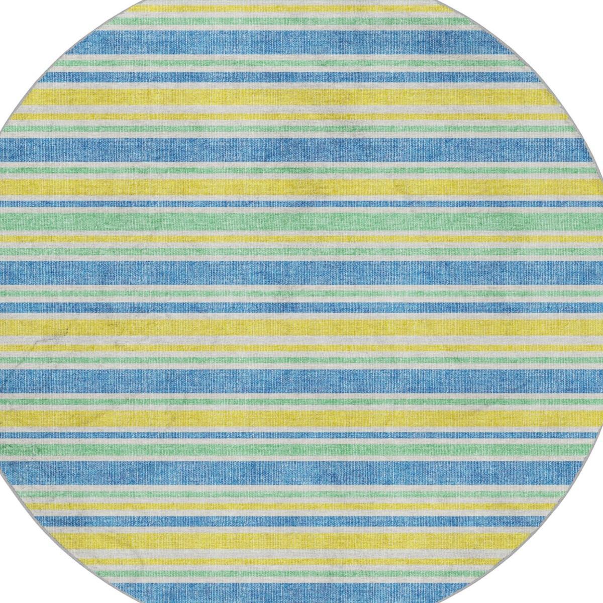 8' Yellow And Blue Striped Shag Washable Round Rug With UV Protection - HomeRoots - Flyclothing LLC