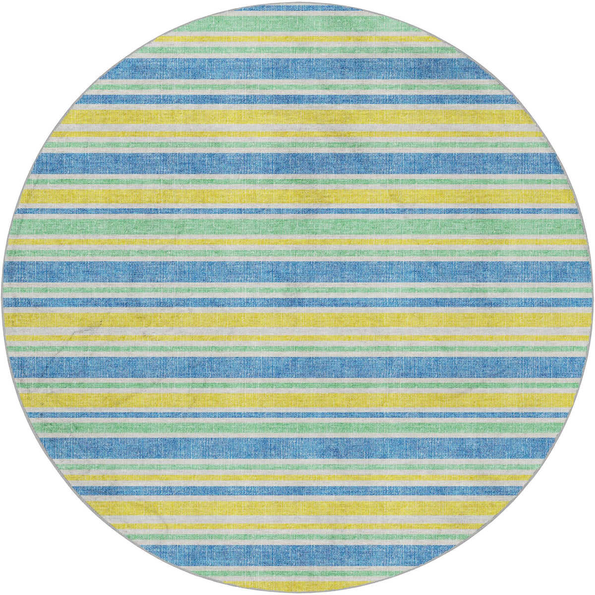 8' Yellow And Blue Striped Shag Washable Round Rug With UV Protection - HomeRoots - Flyclothing LLC