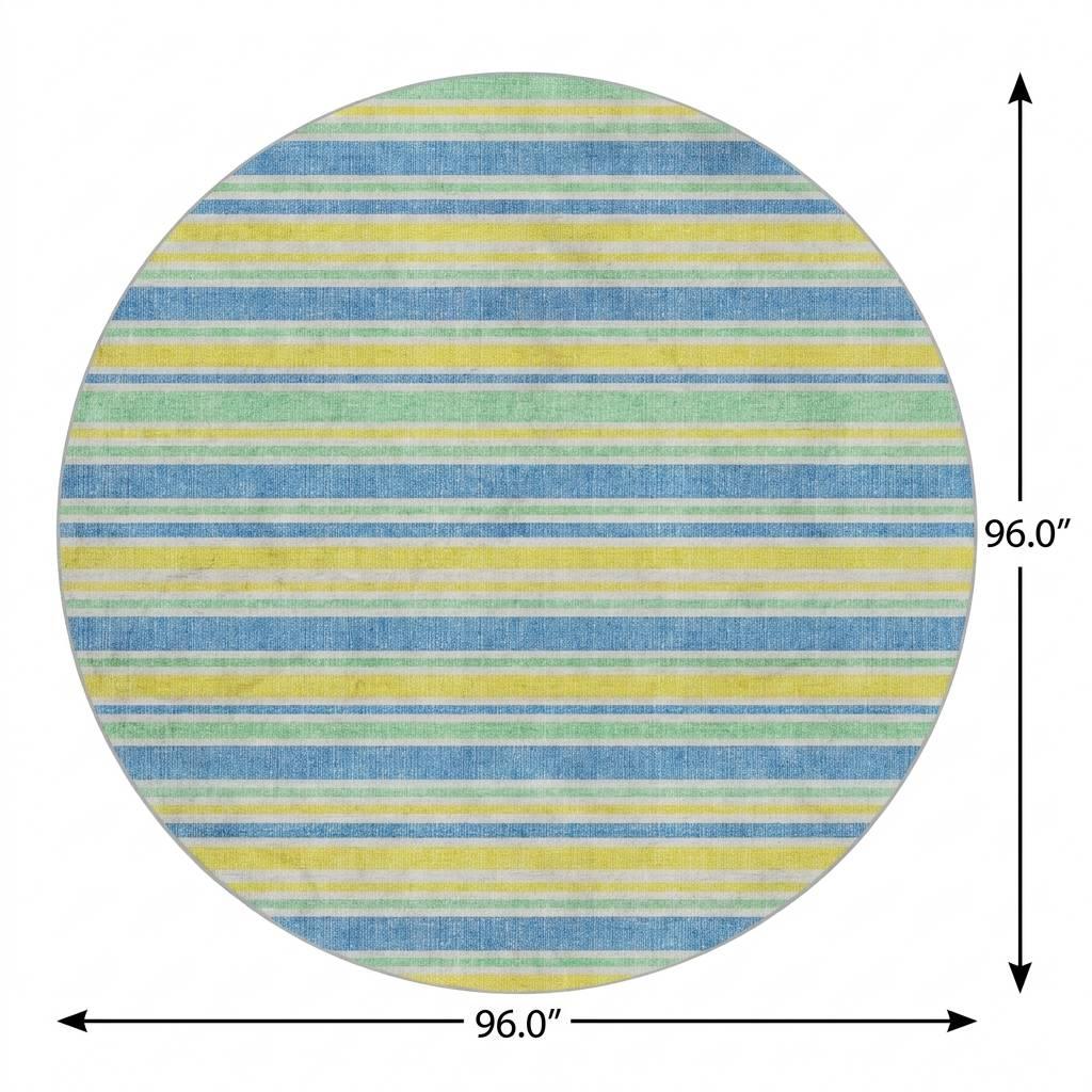 8' Yellow And Blue Striped Shag Washable Round Rug With UV Protection - HomeRoots - Flyclothing LLC