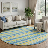 8' Yellow And Blue Striped Shag Washable Round Rug With UV Protection - HomeRoots - Flyclothing LLC
