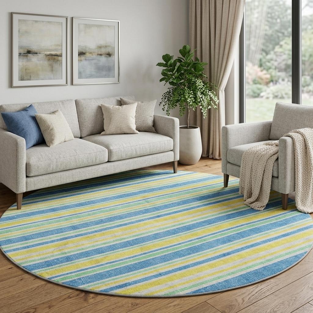 8' Yellow And Blue Striped Shag Washable Round Rug With UV Protection - HomeRoots - Flyclothing LLC