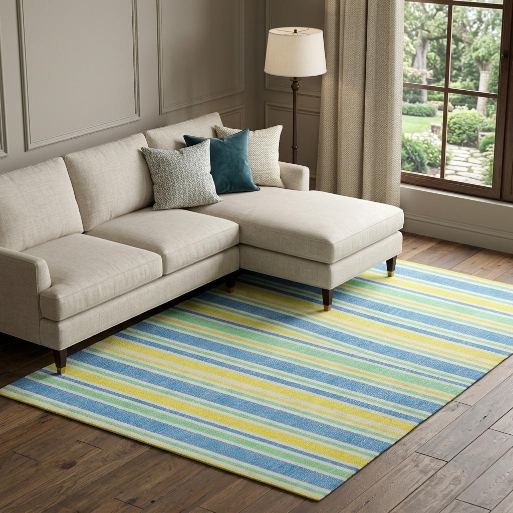 9' X 12' Yellow And Blue Striped Shag Washable Area Rug With UV Protection - HomeRoots - Flyclothing LLC