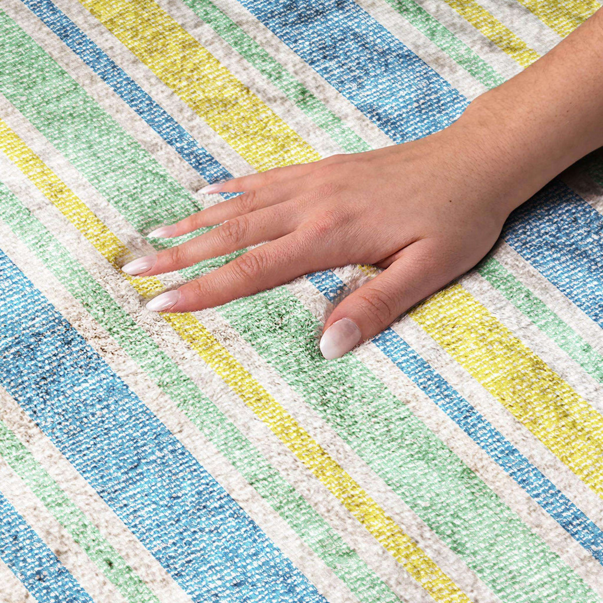 9' X 12' Yellow And Blue Striped Shag Washable Area Rug With UV Protection - HomeRoots - Flyclothing LLC