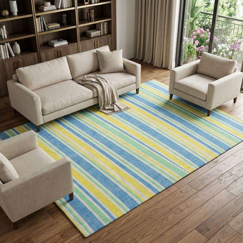 10' X 14' Yellow And Blue Striped Shag Washable Area Rug With UV Protection - HomeRoots - Flyclothing LLC