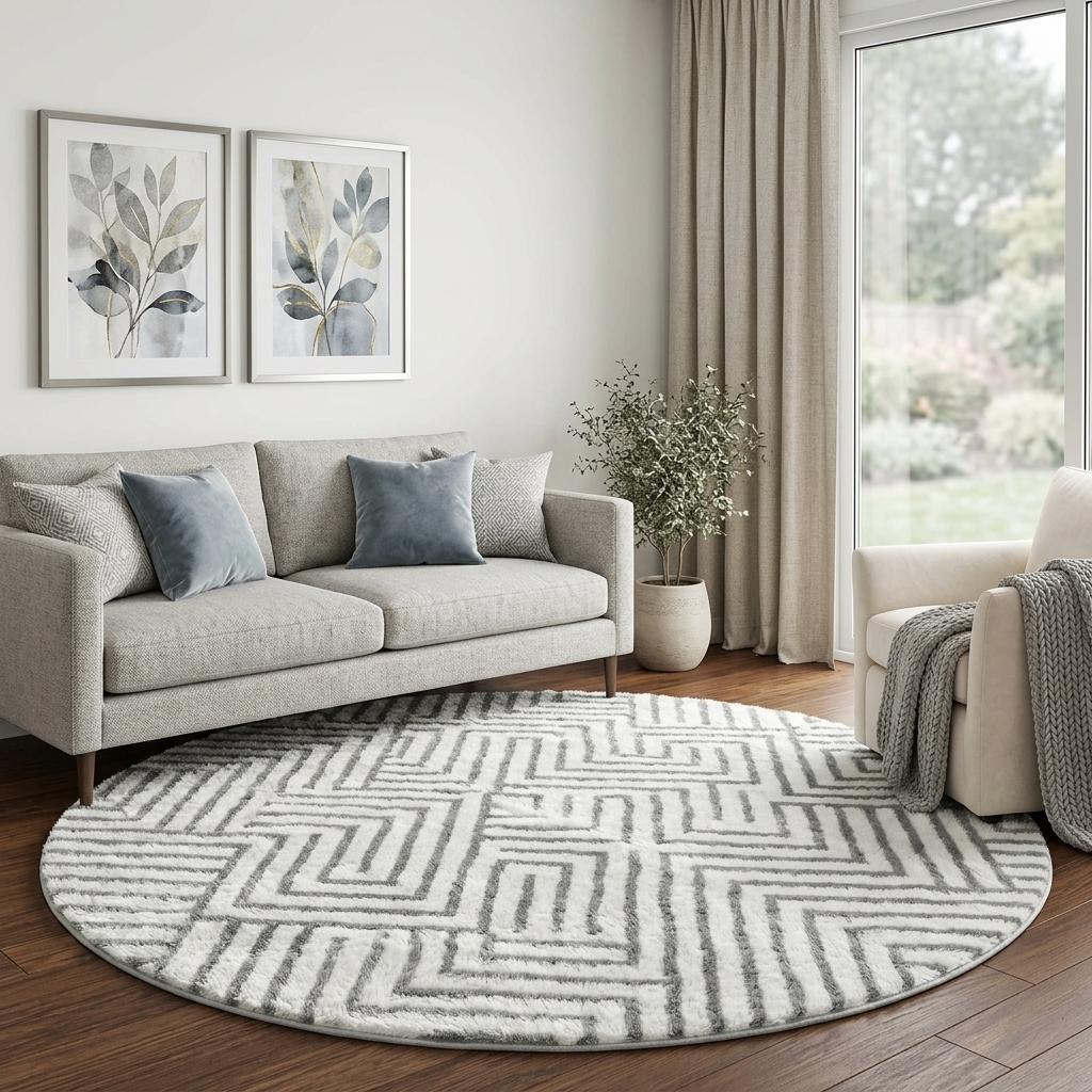 8' Beige And Gold Geometric Shag Washable Round Rug With UV Protection - HomeRoots - Flyclothing LLC