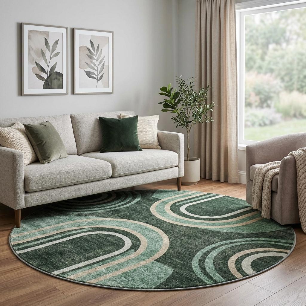 8' Emerald And Fern Green Geometric Shag Washable Round Rug With UV Protection - HomeRoots - Flyclothing LLC