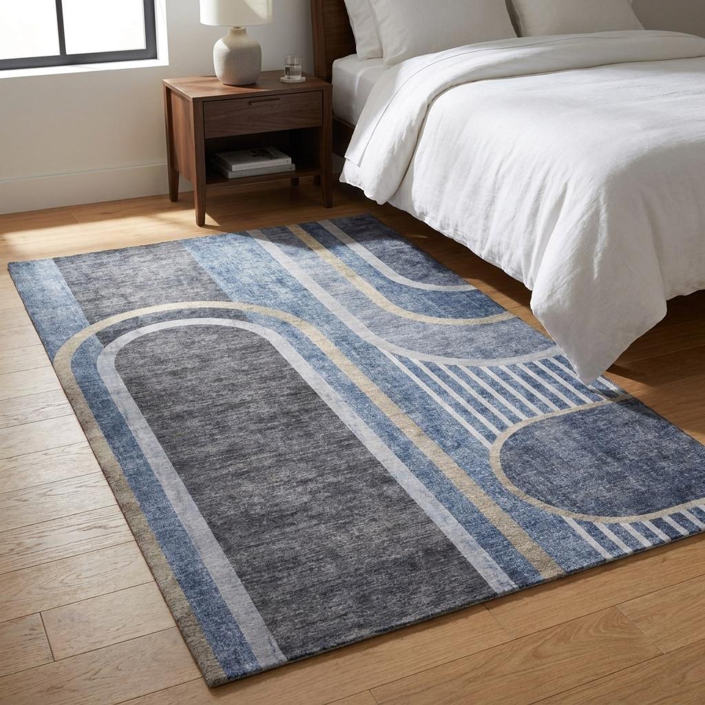 3' X 5' Navy Blue And Silver Geometric Shag Washable Area Rug With UV Protection - HomeRoots - Flyclothing LLC