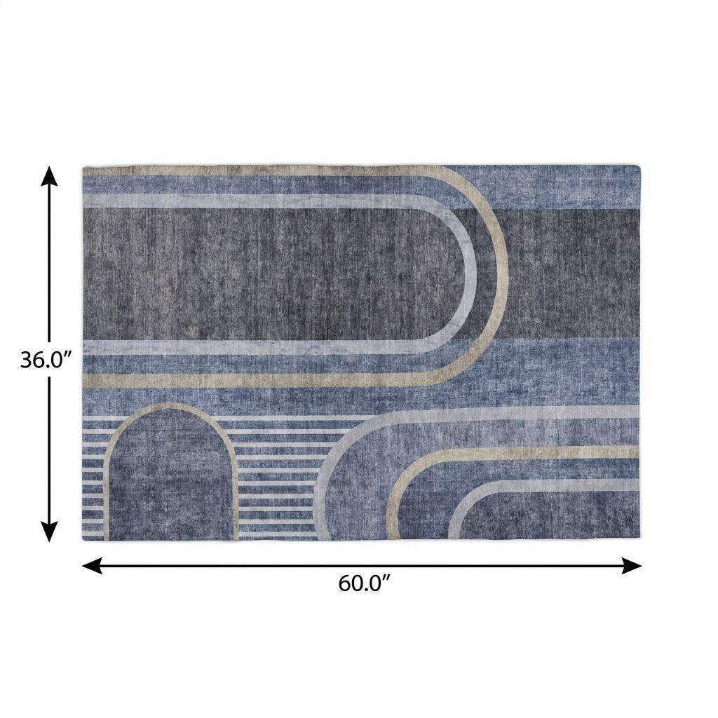 3' X 5' Navy Blue And Silver Geometric Shag Washable Area Rug With UV Protection - HomeRoots - Flyclothing LLC