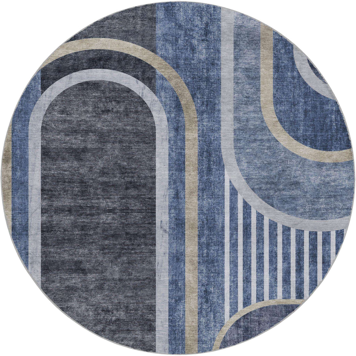 8' Navy Blue And Silver Geometric Shag Washable Round Rug With UV Protection - HomeRoots - Flyclothing LLC