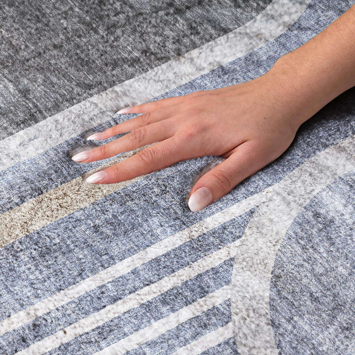 8' Navy Blue And Silver Geometric Shag Washable Round Rug With UV Protection - HomeRoots - Flyclothing LLC