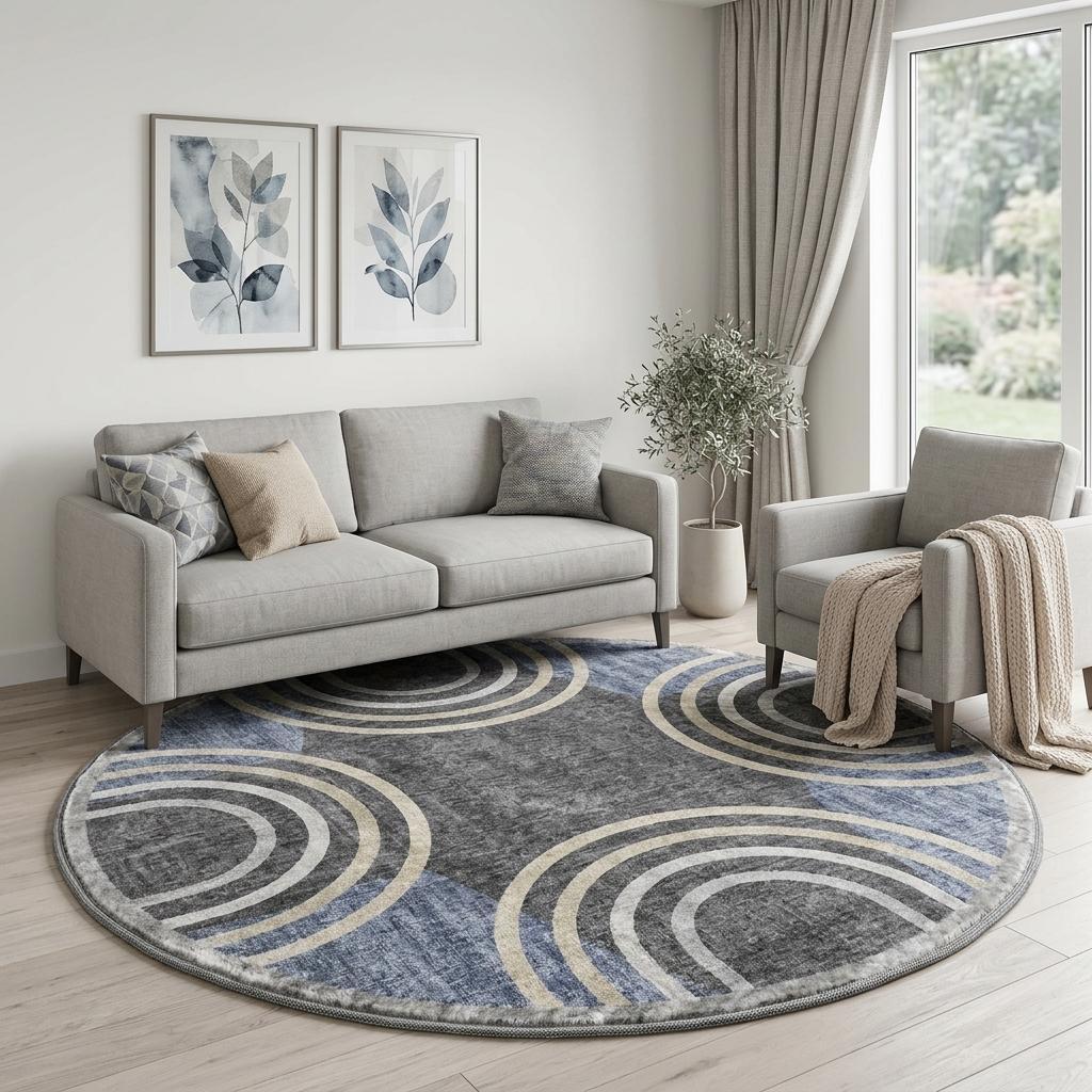 8' Navy Blue And Silver Geometric Shag Washable Round Rug With UV Protection - HomeRoots - Flyclothing LLC