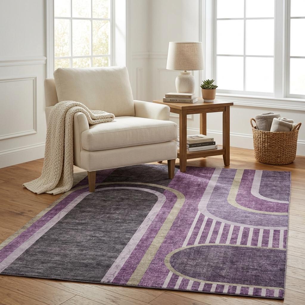 5' X 8' Purple And Plum Geometric Shag Washable Area Rug With UV Protection - HomeRoots - Flyclothing LLC