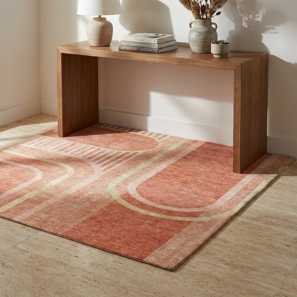 3' X 5' Salmon And Beige Geometric Shag Washable Area Rug With UV Protection - HomeRoots - Flyclothing LLC