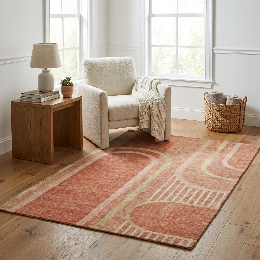 5' X 8' Salmon And Beige Geometric Shag Washable Area Rug With UV Protection - HomeRoots - Flyclothing LLC